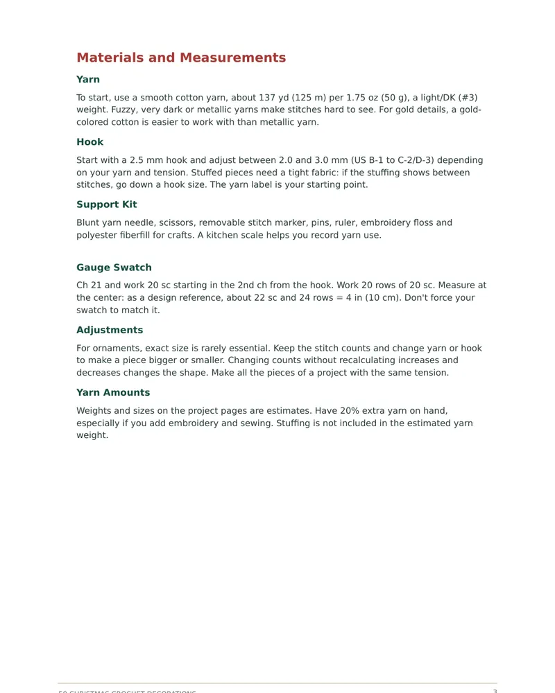 Materials and Measurements page of the guide covering yarn, hook, support kit, gauge swatch and yarn amounts